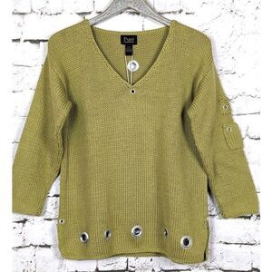 PURE Handknit Grommet V-Neck Sweater Moss Green Minimalist Lagenlook  L/XL NEW